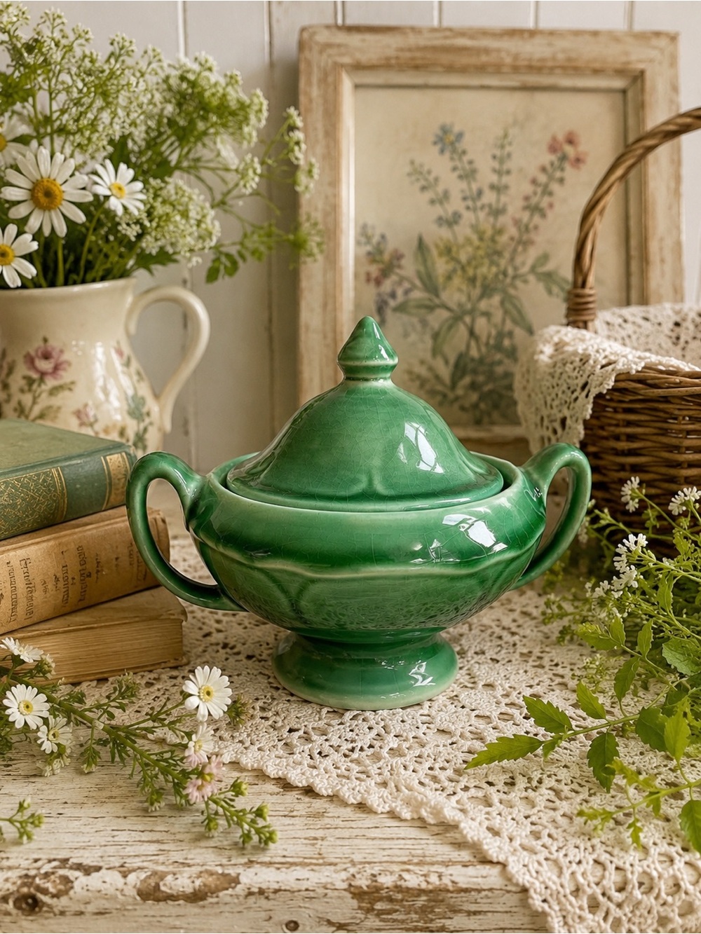 Vintage USA Green Pottery Covered Sugar Bowl. Emerald Glaze  Pedestal Candy Dish